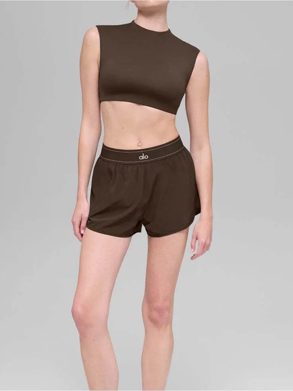 ALO Yoga Brown High-Neck Crop Top and Lounge Shorts